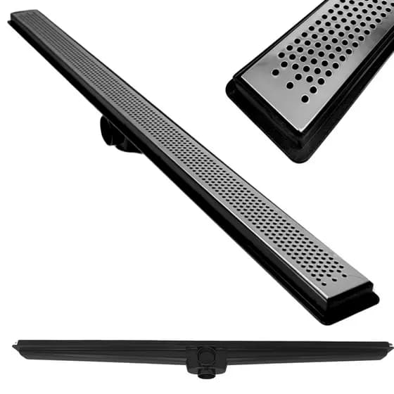 Ralo Linear 5x50 Seca Box Banheiro Inox Polido Bolinhas e Coletor Preto Saídas 40mm e Tela (5cm x 51cm)