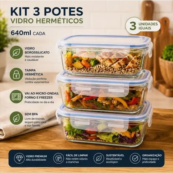 Kit 3 Pote de Vidro 640ml Hermético Marmita Fit com Tampa 4 Travas Armazenar Alimento Comidas Refeição