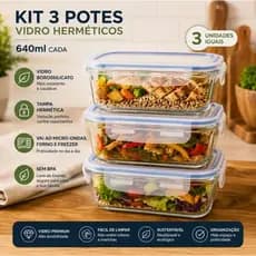 Kit 3 Pote de Vidro 640ml Hermético Marmita Fit com Tampa 4 Travas Armazenar Alimento Comidas Refeição