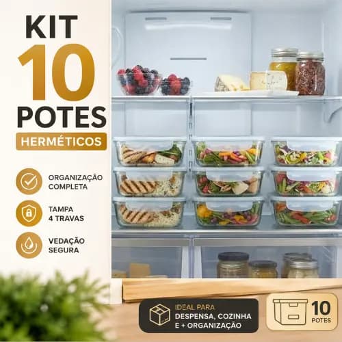 Kit 10 Pote de Vidro 640ml Hermético Marmita Fit com Tampa 4 Travas Armazenar Alimento Comidas Refeição organizador