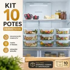 Kit 10 Pote de Vidro 640ml Hermético Marmita Fit com Tampa 4 Travas Armazenar Alimento Comidas Refeição organizador