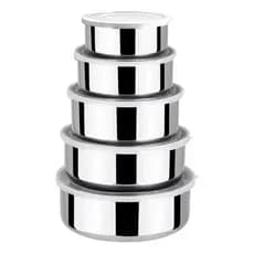 Kit 5 Pote com tampa Tigelas  Inox  Pote Redondo 1,5L, 1,1L,  770ml, 450ml, 310ml, Jogo de Pote Cozinha