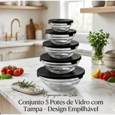 Kit 5 Potes de Vidro com Tampa Hermética | Organizador de Cozinha e Geladeira