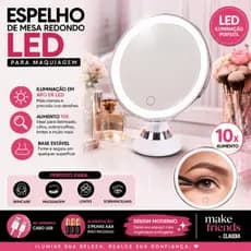 Espelho LED Maquiagem 10x Mesa Redondo Com Luz USB Aumento Skincare Sobrancelha Branco | Lente Contato
