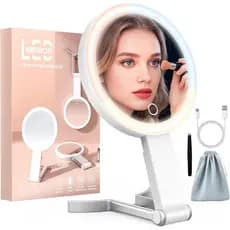 Espelho de Maquiagem de Viagem com Luzes, Espelho de Viagem com Ampliação Dupla 15X/1X, Espelho LED Portátil para Beleza