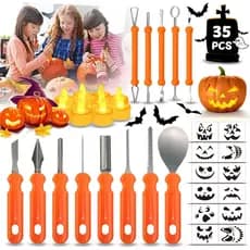 Kit de Escultura de Abóbora com 35 Peças para Crianças e Adultos - Ferramentas Profissionais de Aço Inoxidável, Estêncil