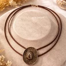 Colar Feminino Chapéu 2 Fios Couro Camurça Moda Rodeio Country