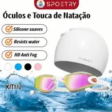 Kit Óculos e Touca de Natação Adulto Antiembaçante Waterproof Ajustável Unissex Proteção UV para Piscina e Praia
