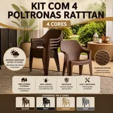 Kit 4 Cadeiras Poltrona Rattan Reforçada Empilhável Escritório Varanda Piscina Salão Jardim Lazer