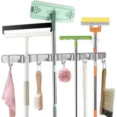 Suporte Inox De Parede Organizador Multiuso 4 Lugares 5 Ganchos Porta Vsssoura Mop Rodo - MGC