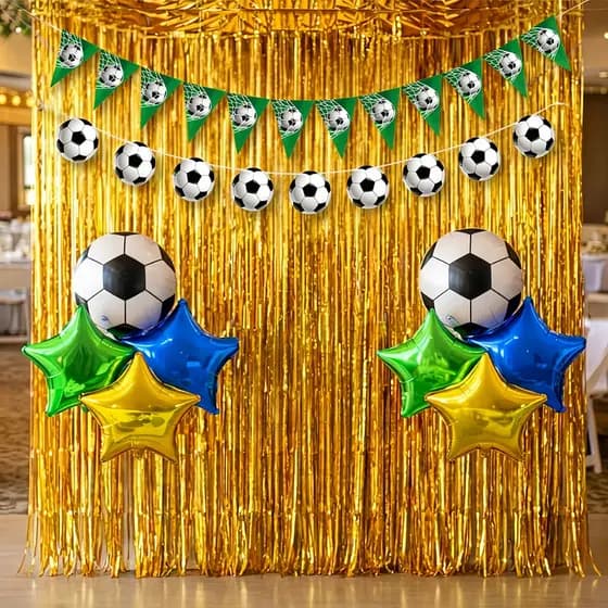 Kit Decoração Futebol Brasil – Varal 320 Bandeiras + Cortinas + Balões Bola + Troféu + Balão Camisa