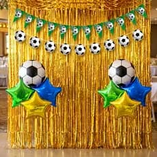Kit Decoração Futebol Brasil – Varal 320 Bandeiras + Cortinas + Balões Bola + Troféu + Balão Camisa