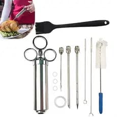 Seringa De Temperos Injetora 60ml Aço Inox, p/ Carne Frango c/ Agulha e Acessórios Silicone