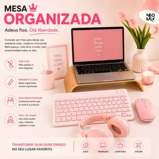 Kit Rosa Teclado Mouse Sem Fio Fone Bluetooth Tablet Ipad Celular Notebook Home Office Candy Color Estudo 3 em 1