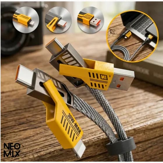 Cabo De Dados 4 em 1 Turbo PD 65W Tipo C Lightning USB Trançado Reforçado Flat iPhone Macbook Notebook Celular Gamer 1M