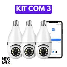 Kit com 3 Câmeras Lâmpada Wifi Espiã Segurança IP Robo 360 Visão Noturna Colorida Full HD Monitoramento Celular NeoMix