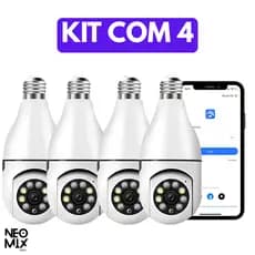 Kit com 4 Câmeras Lâmpada Wifi Espiã Segurança IP Robo 360 Visão Noturna Colorida Full HD Monitoramento Celular NeoMix