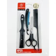 Kit Barbeiro 4 Peças Aço Inox Premium Tesoura+Navalhete+Navalha+Pente