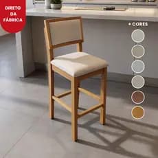 Banqueta Lia Alta Madeira Maciça Estofada c/ Encosto para Cozinha Bancada Balcão Bistrô Área Gourmet
