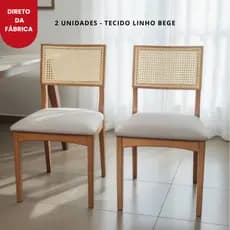 Cadeira Bia Madeira com Rattan tela natural kit 2 unid Linho Bege sala de jantar recepção escritório