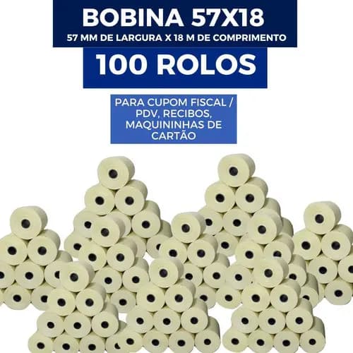 Kit 100 Rolos Bobina Térmica 57x18m Para Maquininha De Cartão E Impressora POS Cupom Fiscal Atacado