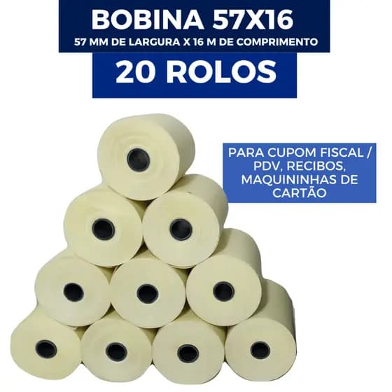 Kit 20 Bobinas Térmicas 57x16m Para Maquininha De Cartão E Impressora POS Comprovante Fiscal