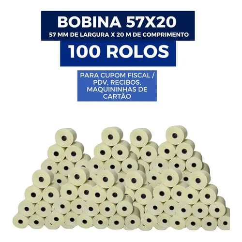 100Un Rolos Bobina Térmica Tef 57x20 Maquininha Impressão Pos