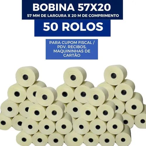 50 Un Rolos Bobina Térmica Pos 57x20mts Maquininha Cartão Cupom Fiscal Envio Já