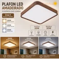 Plafon LED Sobrepor 20W 30W 50W Amadeirado Luminária De Teto Quadrado Madeira 3 Em 1 Natural Wood