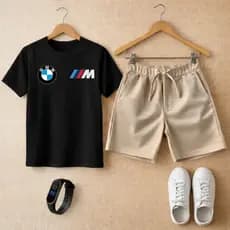 Conjunto Infantil Camiseta e Bermuda Moletinho BMW e Relógio de Led Incrivel