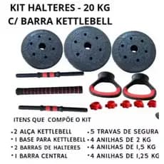 Kit Treino Funcional 20kg Halteres Barra Supino Kettlebell Preto