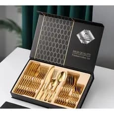 Jogo Talheres Inox Dourado Polidos de Alta Qualidade 24 Peças Premium Luxo Com Maleta