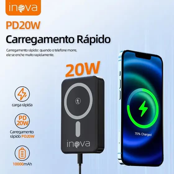 Carregador INOVA Power Bank Portátil 10000mAh para Iphone e Celular