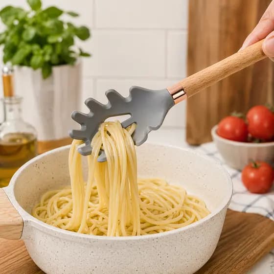 Colher de Silicone 31,5 cm Cinza Pegador de Macarrão Cabo de Madeira