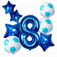 Kit 5 Balão Metalizado 2 BOLA DE FUTEBOL 22CM + 1 N° 40CM AZUL ROYAL + 2 Estrela 22CM AZUL ROYAL