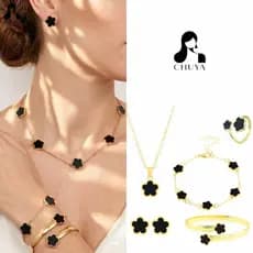 Chuya Moda 5 Pçs/Set 18K Ouro Preto Trevo Folha Flor Sorte Pulseira Colar Anel Brincos Conjuntos Para Jóias Femininas