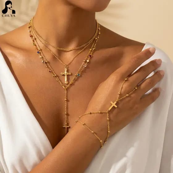 Conjunto de Colar de Cruz Vintage de Dupla Camada e Pulseira de Dedo, Corrente de Liga de Cobre, Design Gótico, Joias Le