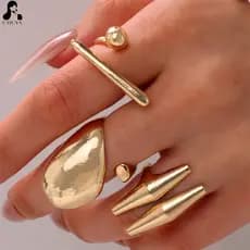 Conjunto de 3 Anéis Elegantes Dourados Grossos, Anéis Abertos Abstratos Minimalistas para Mulheres de Carreira, Joias de