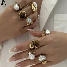 Anel Minimalista Banhado a Ouro para Mulheres, com Pedra Olho de Tigre, Forma Irregular, Aberto e Ajustável, Anel de Pol