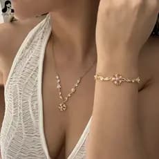 Conjunto de Joias com Flores Banhadas a Ouro para Mulheres, Colar e Pulseira de Zircônia Rosa, Conjunto Coordenado com C