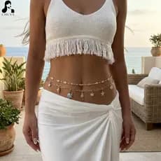 Corrente de Cintura em Camadas Estilo Boho Y2K com Pingentes Oceânicos, Joia Corporal para Festivais e Tops Curtos