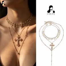 Chuya Vintage Barroco Cruz Duplo Banhado A Ouro 61 + 5 Cm Gargantilha Colar Uso Diário Presente Para Mulheres