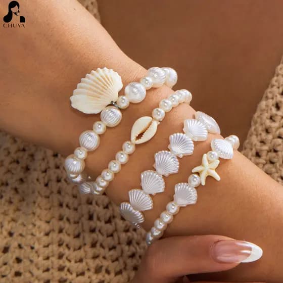 Conjunto de 4 Pulseiras de Contas com Tema de Praia Boêmia, Concha, Estrela-do-mar e Pérola, Empilháveis