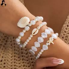 Conjunto de 4 Pulseiras de Contas com Tema de Praia Boêmia, Concha, Estrela-do-mar e Pérola, Empilháveis