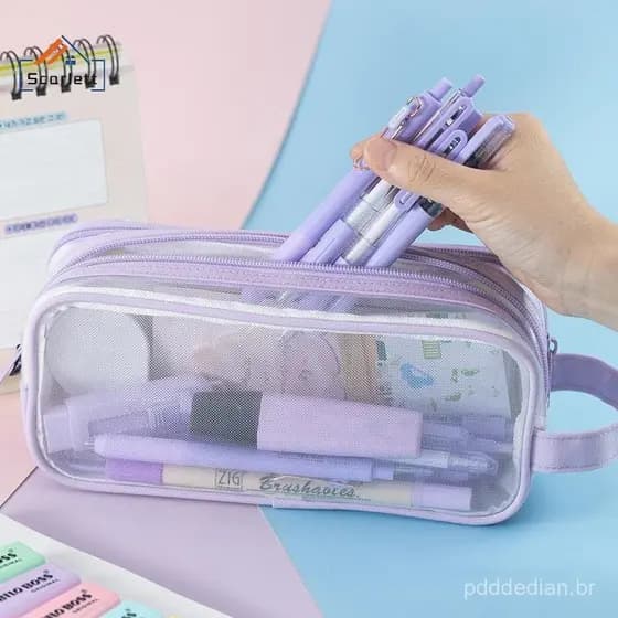[Scarlett] Novo Estojo Transparente De Malha Grande Para Lápis Bolsa De Camada Dupla Portátil Multifuncional Cosméticos