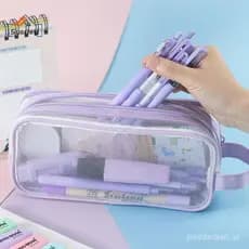 [Scarlett] Novo Estojo Transparente De Malha Grande Para Lápis Bolsa De Camada Dupla Portátil Multifuncional Cosméticos