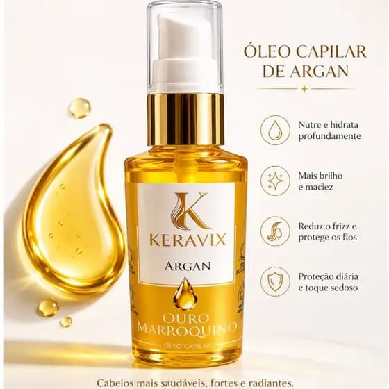 Óleo de Argan Anti Frizz Reparador de Pontas Toque Seco Sem Oleosidade 60 ML Keravix