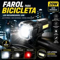 FAROL LANTERNA BIKE LED RECARREGÁVEL USB ALTA POTÊNCIA 20W LUZ FORTE