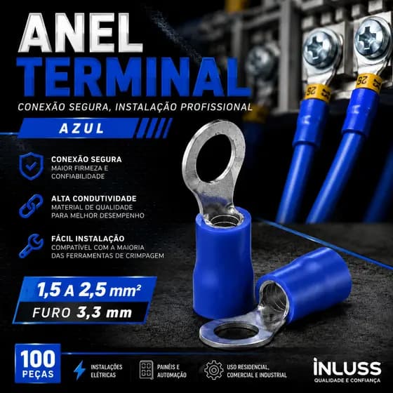 TERMINAL ANEL OLHAL ELÉTRICO AZUL 1,5 A 2,5mm² FURO 3,3mm PACOTE COM 100 PEÇAS