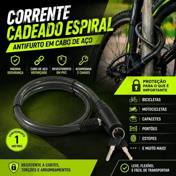 CADEADO ANTIFURTO PARA BICICLETA E MOTO EM CABO DE AÇO REFORÇADO COM CHAVE CORRENTE ESPIRAL PARA CAPACETE, ESTEPE E MAIS